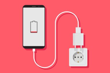 Akıllı telefon şarj adaptörü vektör düz, akıllı telefon, elektrik soketi, adaptör, düşük pil bildirimi, düz tasarım vektör çizimi