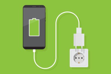 Akıllı telefon şarj adaptörü vektörü düz, akıllı telefon, elektrik soketi, adaptör, tam pil bildirimi, düz tasarım vektör çizimi