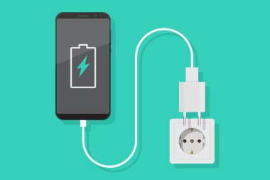 Akıllı telefon şarj adaptörü vektörü düz, akıllı telefon, elektrik soketi, adaptör, şarj pili bildirimi, düz tasarım vektör çizimi