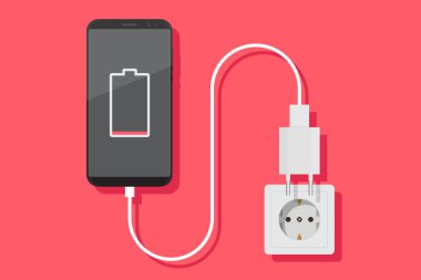 Akıllı telefon şarj adaptörü vektör düz, akıllı telefon, elektrik soketi, adaptör, düşük pil bildirimi, düz tasarım vektör çizimi