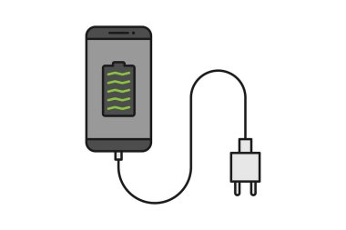 Akıllı telefon şarj cihazı çizgi simgesi sembol vektörü, akıllı telefon, elektrik soketi, adaptör, tam pil bildirim