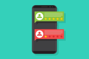 Geri bildirim illüstrasyon vektörü düz, akıllı telefon, iyi ve kötü eleştiri, yeşil arkaplanda yıldız geribildirim simgesi, düz tasarım vektör iilülasyonu