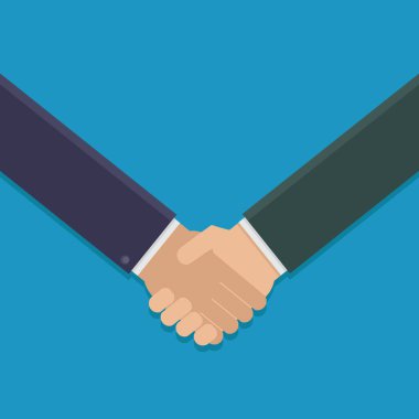 Mavi arkaplanda el sıkışma yassı tasarım vektörü çizimi