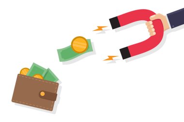 El ele tutuşma mıknatısı para ve cüzdan vektör tasarımı illüstrasyonu