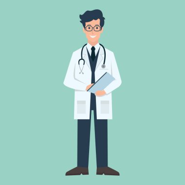 Dost canlısı genç erkek doktor düz tasarım vektör çizimi