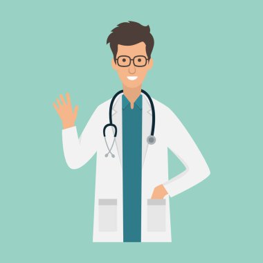 Dost canlısı genç erkek doktor düz tasarım vektör çizimi