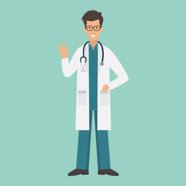 Dost canlısı genç erkek doktor düz tasarım vektör çizimi