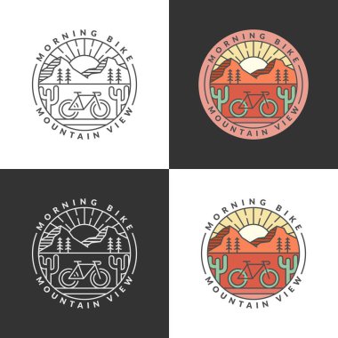 Dağ ve bisiklet monolini ya da çizgi sanat tarzı çizim çizimi