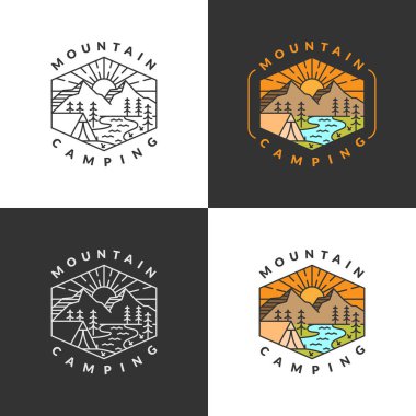 Dağ ve sabah kamp rozeti monolin ya da çizgi çizgisi çizimi resim çizimi