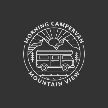 Dağ ve karavan vektör çizimi. Morning Mountain ve Campervan Monoline ya da Line Art tarzı. Tasarım tişörtler, çıkartmalar, yazdırma ihtiyaçları için olabilir