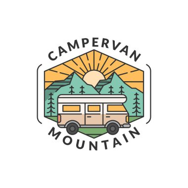 Dağ ve karavan vektör çizimi. Morning Mountain ve Campervan Monoline ya da Line Art tarzı. Tasarım tişörtler, çıkartmalar, yazdırma ihtiyaçları için olabilir
