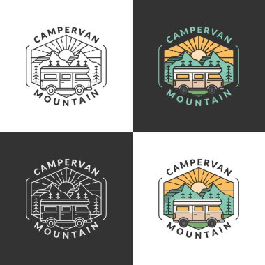 Dağ ve karavan vektör çizimi. Morning Mountain ve Campervan Monoline ya da Line Art tarzı. Tasarım tişörtler, çıkartmalar, yazdırma ihtiyaçları için olabilir