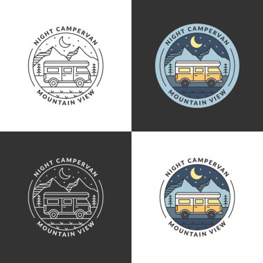 Dağ ve karavan vektör çizimi. Gece dağı ve karavan monolini ya da çizgi sanatı. Tasarım tişörtler, çıkartmalar, yazdırma ihtiyaçları için olabilir