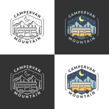 Dağ ve karavan vektör çizimi. Gece dağı ve karavan monolini ya da çizgi sanatı. Tasarım tişörtler, çıkartmalar, yazdırma ihtiyaçları için olabilir