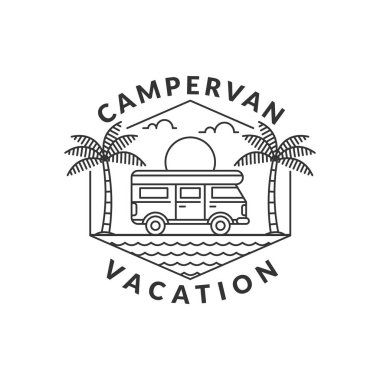 Plaj ve karavan bisiklet rozet çizimi. Plaj ve karavan monolini ya da çizgi sanatı. Tasarım tişörtler, çıkartmalar, yazdırma ihtiyaçları için olabilir