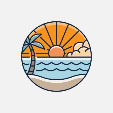 Plaj illüstrasyonu monolini veya çizgi sanat tarzı, plaj, deniz, hindistan cevizi ağaçları, güneş vektörü, tasarım tişörtler, çıkartmalar, baskı ihtiyaçları için olabilir.