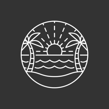 Plaj illüstrasyonu monolini veya çizgi sanat tarzı, plaj, deniz, hindistan cevizi ağaçları, güneş vektörü, tasarım tişörtler, çıkartmalar, baskı ihtiyaçları için olabilir.