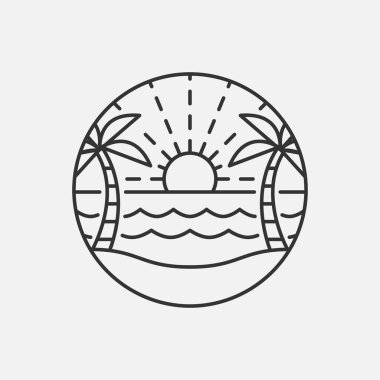 Plaj illüstrasyonu monolini veya çizgi sanat tarzı, plaj, deniz, hindistan cevizi ağaçları, güneş vektörü, tasarım tişörtler, çıkartmalar, baskı ihtiyaçları için olabilir.