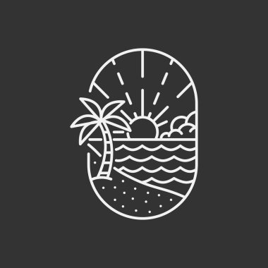 Plaj illüstrasyonu monolini veya çizgi sanat tarzı, plaj, deniz, hindistan cevizi ağaçları, güneş vektörü, tasarım tişörtler, çıkartmalar, baskı ihtiyaçları için olabilir.