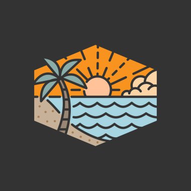 Plaj illüstrasyonu monolini veya çizgi sanat tarzı, plaj, deniz, hindistan cevizi ağaçları, güneş vektörü, tasarım tişörtler, çıkartmalar, baskı ihtiyaçları için olabilir.