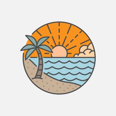 Plaj illüstrasyonu monolini veya çizgi sanat tarzı, plaj, deniz, hindistan cevizi ağaçları, güneş vektörü, tasarım tişörtler, çıkartmalar, baskı ihtiyaçları için olabilir.