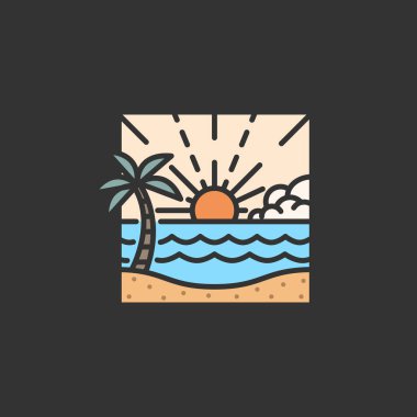 Plaj illüstrasyonu monolini veya çizgi sanat tarzı, plaj, deniz, hindistan cevizi ağaçları, güneş vektörü, tasarım tişörtler, çıkartmalar, baskı ihtiyaçları için olabilir.