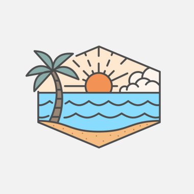 Plaj illüstrasyonu monolini veya çizgi sanat tarzı, plaj, deniz, hindistan cevizi ağaçları, güneş vektörü, tasarım tişörtler, çıkartmalar, baskı ihtiyaçları için olabilir.
