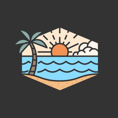 Plaj illüstrasyonu monolini veya çizgi sanat tarzı, plaj, deniz, hindistan cevizi ağaçları, güneş vektörü, tasarım tişörtler, çıkartmalar, baskı ihtiyaçları için olabilir.