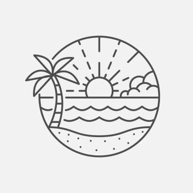 Plaj illüstrasyonu monolini veya çizgi sanat tarzı, plaj, deniz, hindistan cevizi ağaçları, güneş vektörü, tasarım tişörtler, çıkartmalar, baskı ihtiyaçları için olabilir.