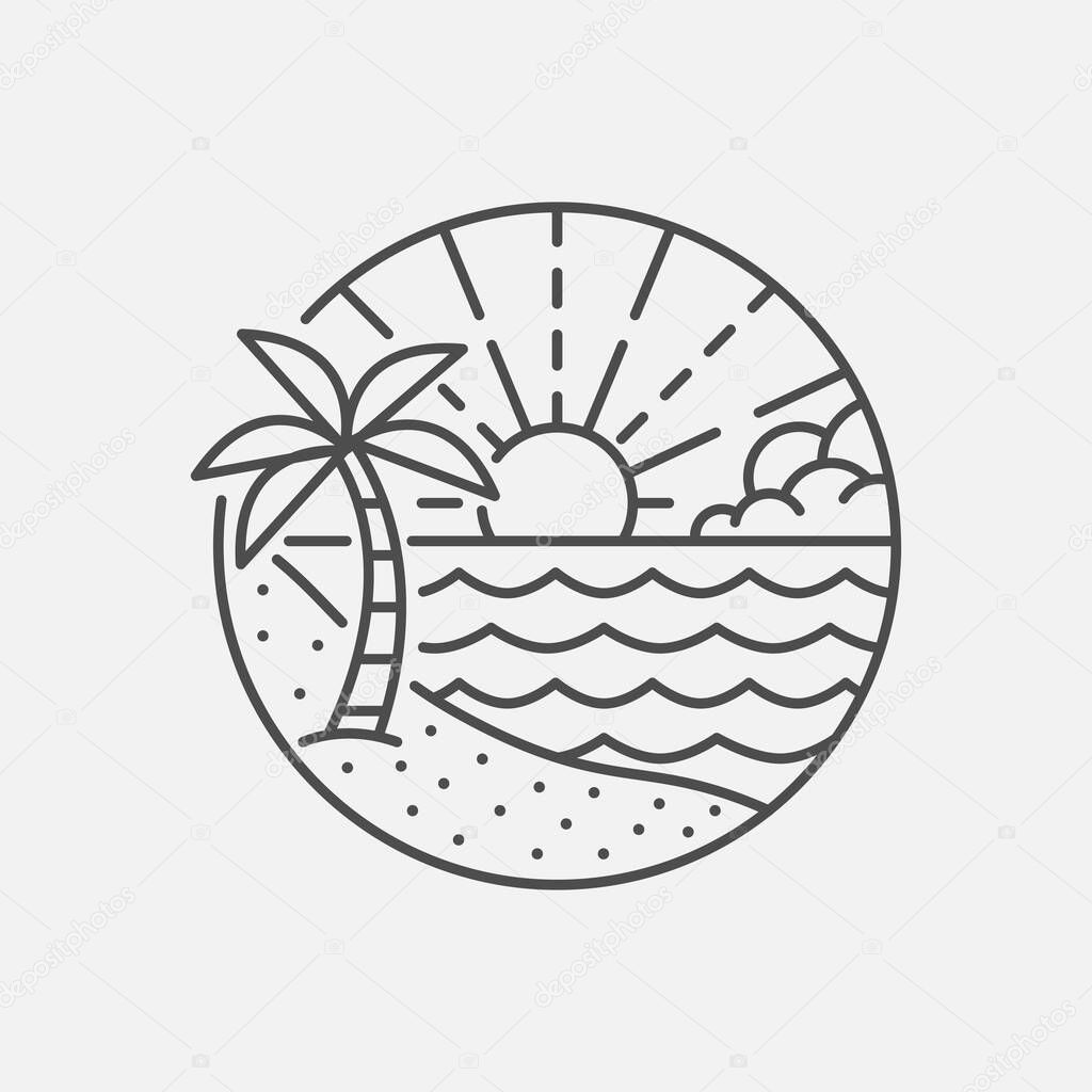 Beach illustration monoline or line art style, beach, sea, coconut trees, sun vector, design can be for t shirts, sticker, printing needs