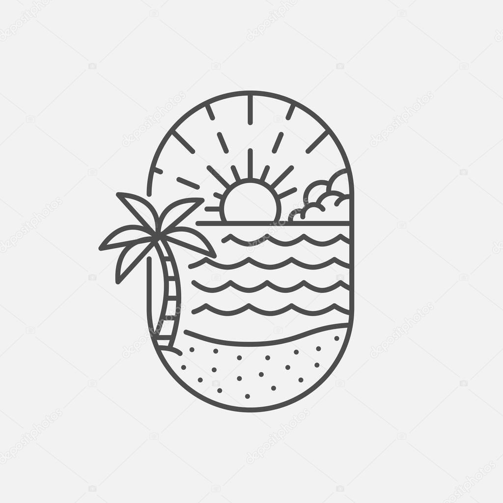 Beach illustration monoline or line art style, beach, sea, coconut trees, sun vector, design can be for t shirts, sticker, printing needs