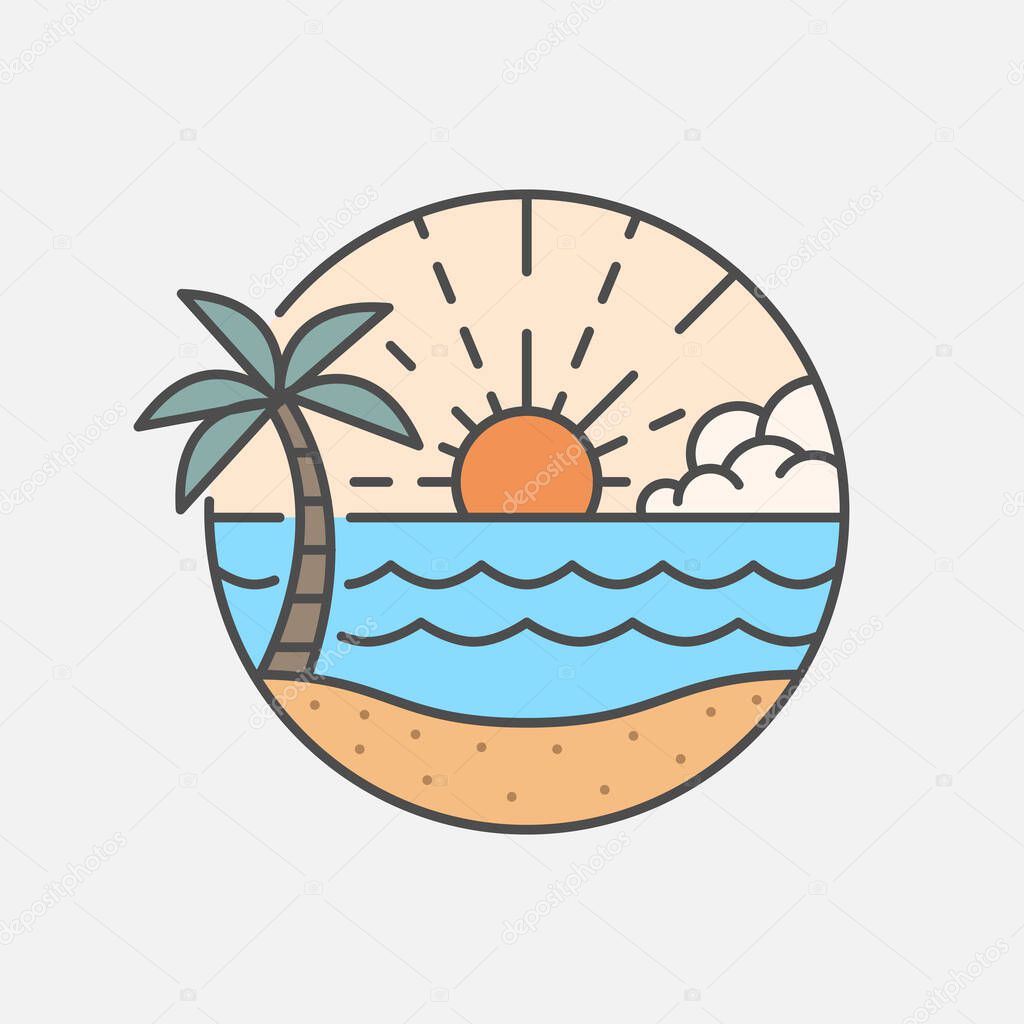 Beach illustration monoline or line art style, beach, sea, coconut trees, sun vector, design can be for t shirts, sticker, printing needs