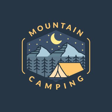 Dağ gecesi kamp illüstrasyonu monolin ya da çizgi sanatı, tasarım tişörtler, çıkartmalar, baskı ihtiyaçları için olabilir.