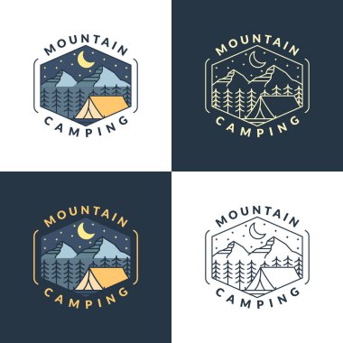 Dağ gecesi kamp illüstrasyonu monolin ya da çizgi sanatı, tasarım tişörtler, çıkartmalar, baskı ihtiyaçları için olabilir.