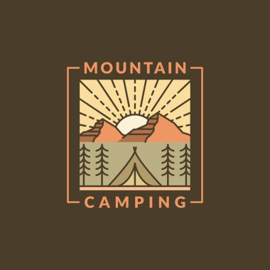 Dağ sabahı kamp illüstrasyonu monolin ya da çizgi sanat tarzı, tasarım tişörtler, çıkartmalar, baskı ihtiyaçları için olabilir