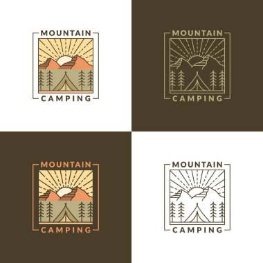 Dağ sabahı kamp illüstrasyonu monolin ya da çizgi sanat tarzı, tasarım tişörtler, çıkartmalar, baskı ihtiyaçları için olabilir