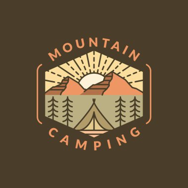 Dağ sabahı kamp illüstrasyonu monolin ya da çizgi sanat tarzı, tasarım tişörtler, çıkartmalar, baskı ihtiyaçları için olabilir