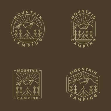 Dağ sabahı kamp illüstrasyonu monolin ya da çizgi sanat tarzı, tasarım tişörtler, çıkartmalar, baskı ihtiyaçları için olabilir