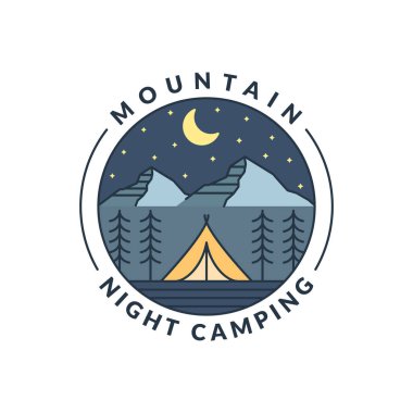 Dağ gecesi kamp illüstrasyonu monolin ya da çizgi sanatı, tasarım tişörtler, çıkartmalar, baskı ihtiyaçları için olabilir.