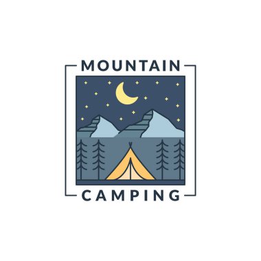 Dağ gecesi kamp illüstrasyonu monolin ya da çizgi sanatı, tasarım tişörtler, çıkartmalar, baskı ihtiyaçları için olabilir.