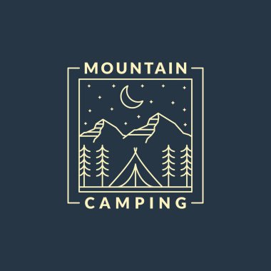 Dağ gecesi kamp illüstrasyonu monolin ya da çizgi sanatı, tasarım tişörtler, çıkartmalar, baskı ihtiyaçları için olabilir.