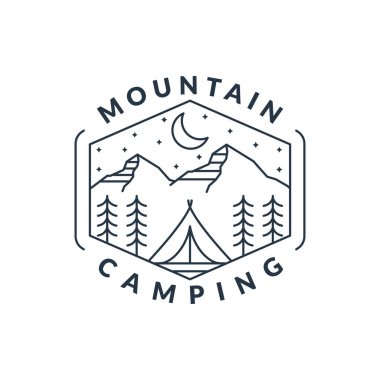 Dağ gecesi kamp illüstrasyonu monolin ya da çizgi sanatı, tasarım tişörtler, çıkartmalar, baskı ihtiyaçları için olabilir.