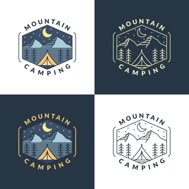 Dağ gecesi kamp illüstrasyonu monolin ya da çizgi sanatı, tasarım tişörtler, çıkartmalar, baskı ihtiyaçları için olabilir.
