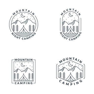 Dağ gecesi kamp illüstrasyonu monolin ya da çizgi sanatı, tasarım tişörtler, çıkartmalar, baskı ihtiyaçları için olabilir.