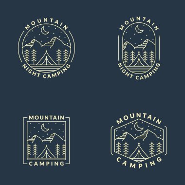 Dağ gecesi kamp illüstrasyonu monolin ya da çizgi sanatı, tasarım tişörtler, çıkartmalar, baskı ihtiyaçları için olabilir.