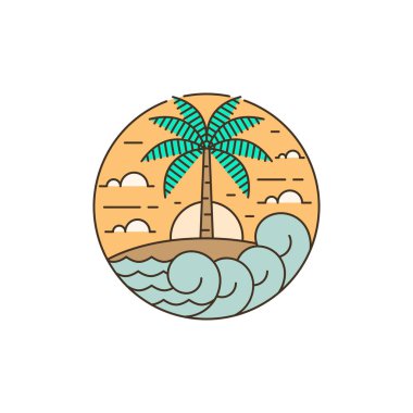 Ada ve dalga tekeli ya da çizgi sanat tarzı, ada, deniz, hindistan cevizi ağaçları, gökyüzü bulutları vektör çizimi