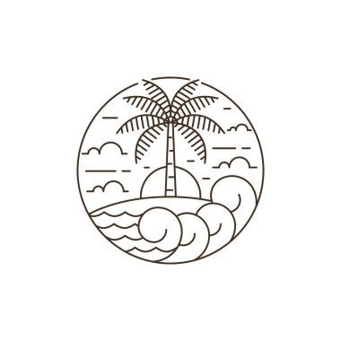 Ada ve dalga tekeli ya da çizgi sanat tarzı, ada, deniz, hindistan cevizi ağaçları, gökyüzü bulutları vektör çizimi