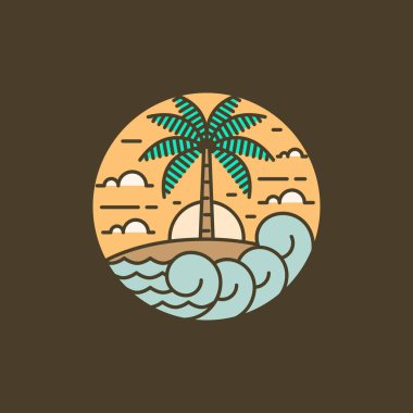 Ada ve dalga tekeli ya da çizgi sanat tarzı, ada, deniz, hindistan cevizi ağaçları, gökyüzü bulutları vektör çizimi