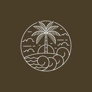 Ada ve dalga tekeli ya da çizgi sanat tarzı, ada, deniz, hindistan cevizi ağaçları, gökyüzü bulutları vektör çizimi