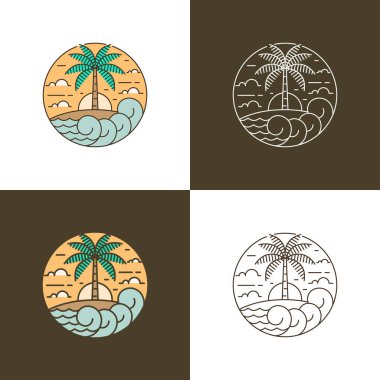 Ada ve dalga tekeli ya da çizgi sanat tarzı, ada, deniz, hindistan cevizi ağaçları, gökyüzü bulutları vektör çizimi